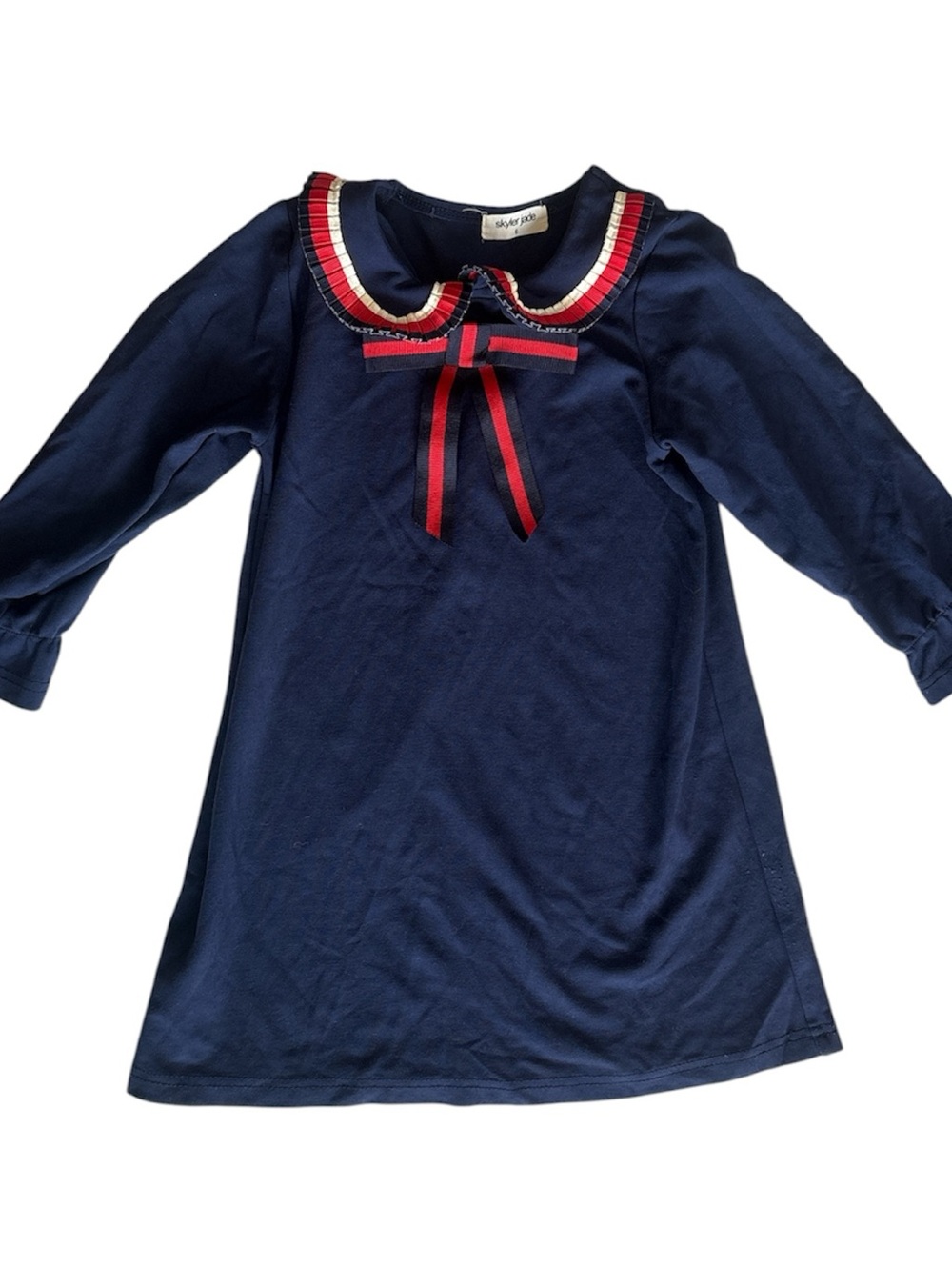 Skyler Jade Girls Dress Red White & Blue Ruffle Collar Bow Girls Dress 6